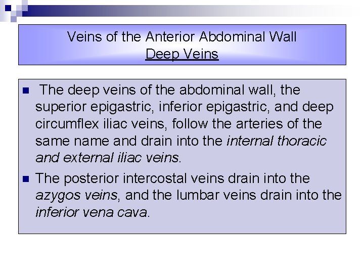 Veins of the Anterior Abdominal Wall Deep Veins n n The deep veins of