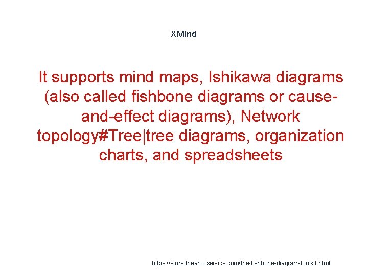 XMind 1 It supports mind maps, Ishikawa diagrams (also called fishbone diagrams or causeand-effect