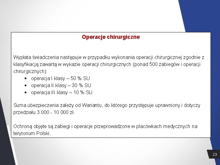 Operacje chirurgiczne Wypłata świadczenia następuje w przypadku wykonania operacji chirurgicznej zgodnie z klasyfikacją zawartą