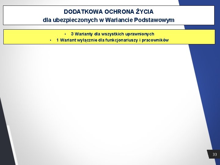 DODATKOWA OCHRONA ŻYCIA dla ubezpieczonych w Wariancie Podstawowym • • 3 Warianty dla wszystkich