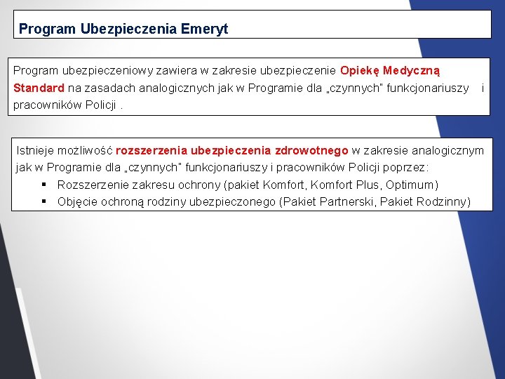 Program Ubezpieczenia Emeryt Program ubezpieczeniowy zawiera w zakresie ubezpieczenie Opiekę Medyczną Standard na zasadach