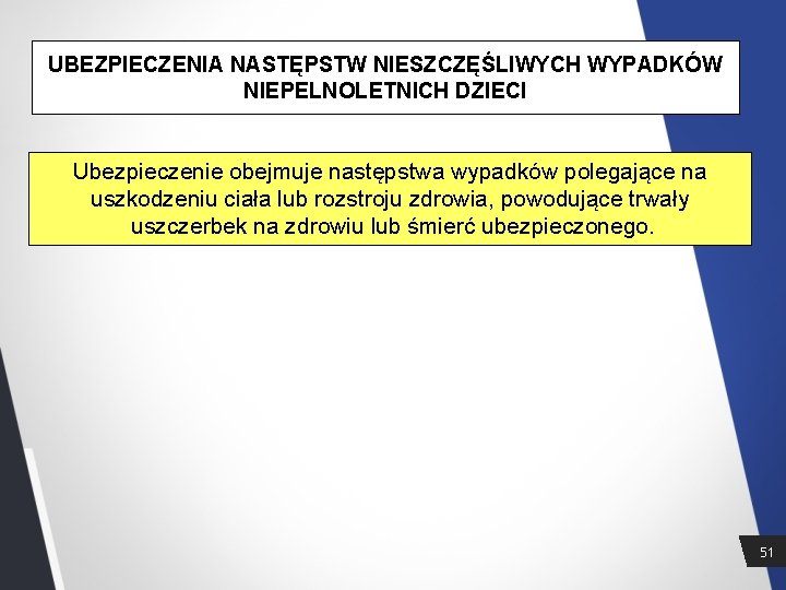 UBEZPIECZENIA NASTĘPSTW NIESZCZĘŚLIWYCH WYPADKÓW NIEPELNOLETNICH DZIECI Ubezpieczenie obejmuje następstwa wypadków polegające na uszkodzeniu ciała