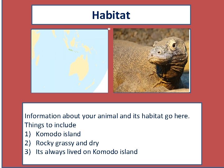 Habitat Map showing where your animal lives Picture showing your animal in its habitat.