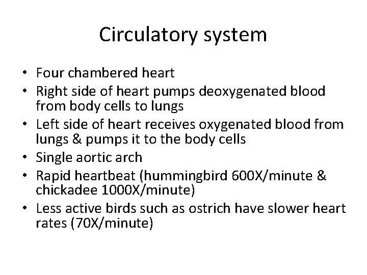 Circulatory system • Four chambered heart • Right side of heart pumps deoxygenated blood