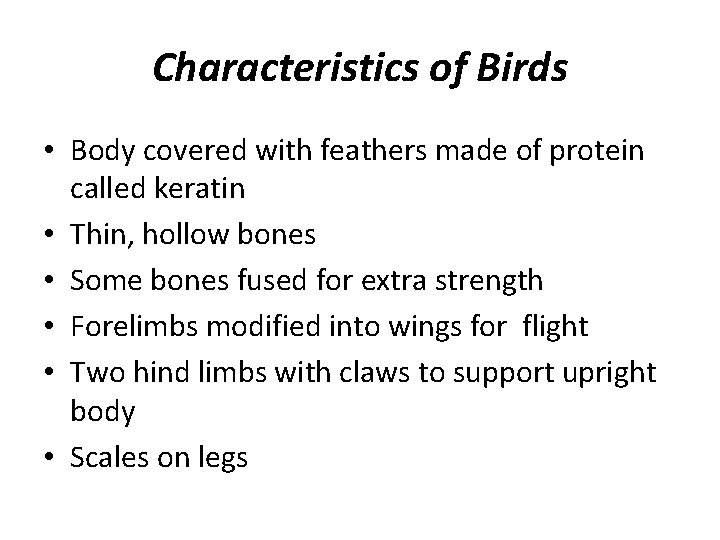 Characteristics of Birds • Body covered with feathers made of protein called keratin •