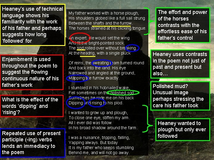 Heaney’s use of technical language shows his familiarity with the work of his father