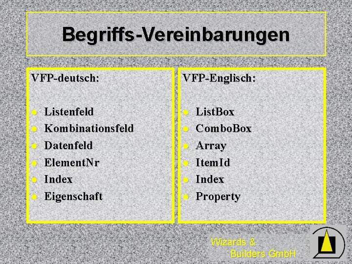Begriffs-Vereinbarungen VFP-deutsch: l l l Listenfeld Kombinationsfeld Datenfeld Element. Nr Index Eigenschaft VFP-Englisch: l