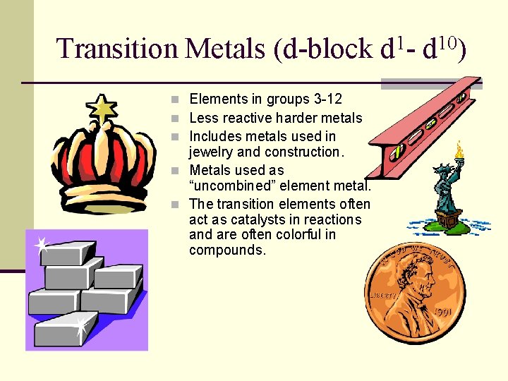 Transition Metals (d-block d 1 - d 10) n Elements in groups 3 -12