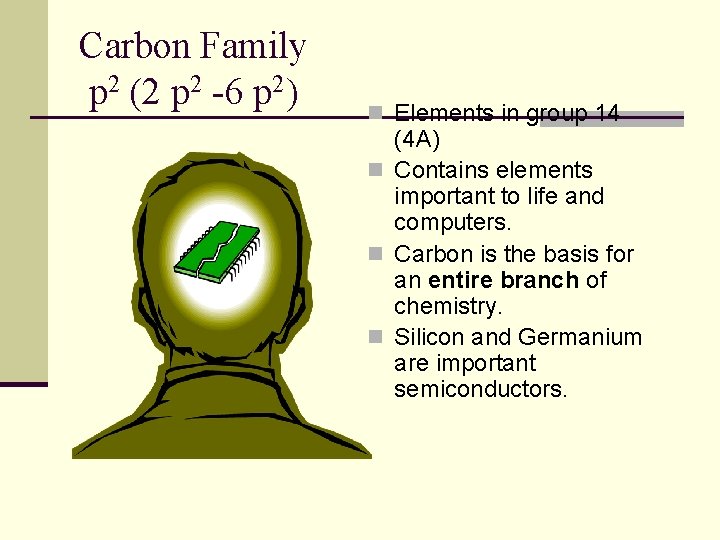 Carbon Family p 2 (2 p 2 -6 p 2) n Elements in group