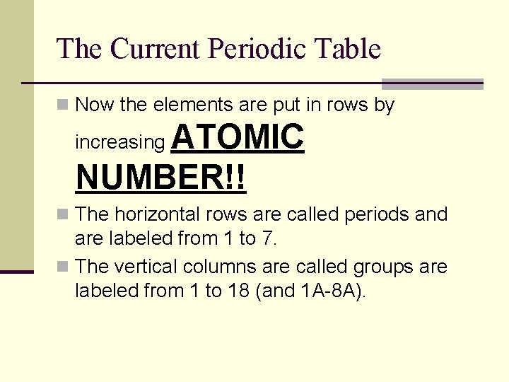 The Current Periodic Table n Now the elements are put in rows by ATOMIC