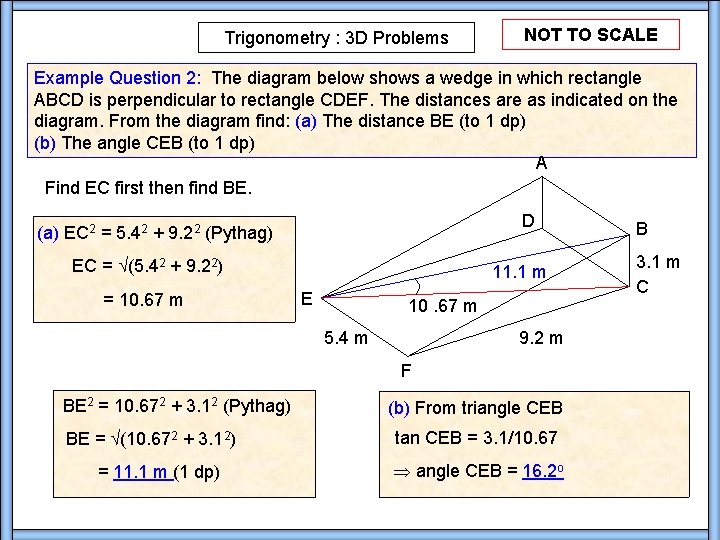Trigonometry : 3 D Problems NOT TO SCALE Example Question 2: The diagram below
