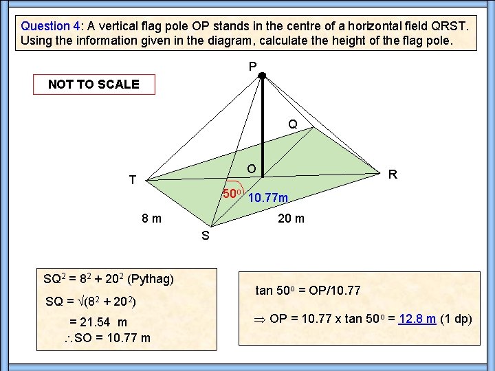 Question 4: A vertical flag pole OP stands in the centre of a horizontal