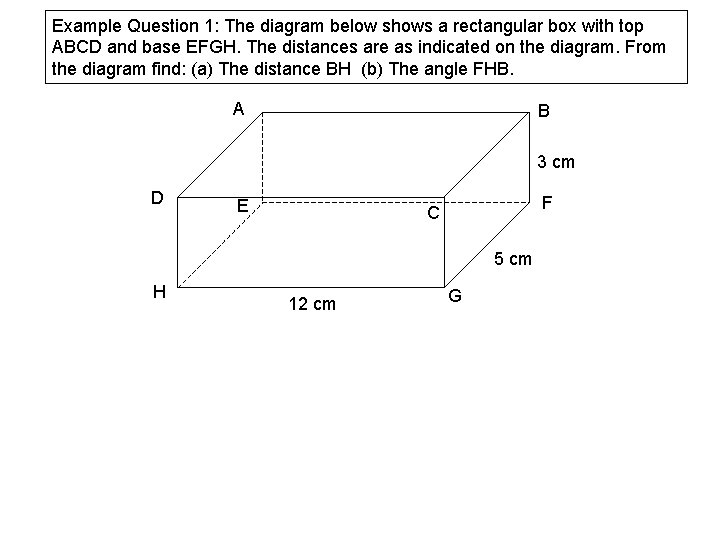 Example Question 1: The diagram below shows a rectangular box with top ABCD and