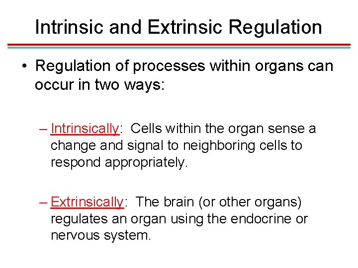 Intrinsic and Extrinsic Regulation • Regulation of processes within organs can occur in two Intrinsic and Extrinsic Regulation • Regulation of processes within organs can occur in two