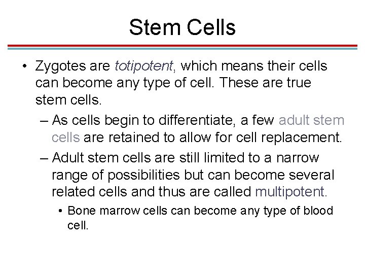 Stem Cells • Zygotes are totipotent, which means their cells can become any type Stem Cells • Zygotes are totipotent, which means their cells can become any type