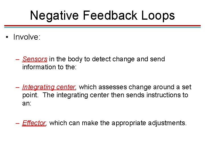 Negative Feedback Loops • Involve: – Sensors in the body to detect change and Negative Feedback Loops • Involve: – Sensors in the body to detect change and