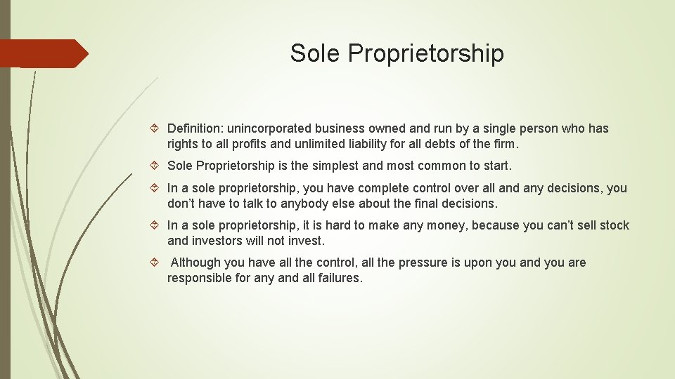Sole Proprietorship Definition: unincorporated business owned and run by a single person who has Sole Proprietorship Definition: unincorporated business owned and run by a single person who has