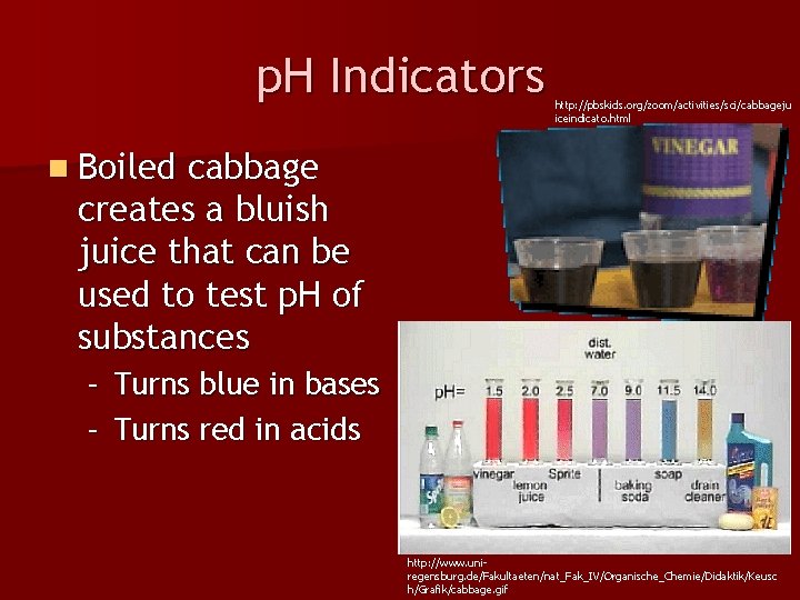 p. H Indicators http: //pbskids. org/zoom/activities/sci/cabbageju iceindicato. html n Boiled cabbage creates a bluish