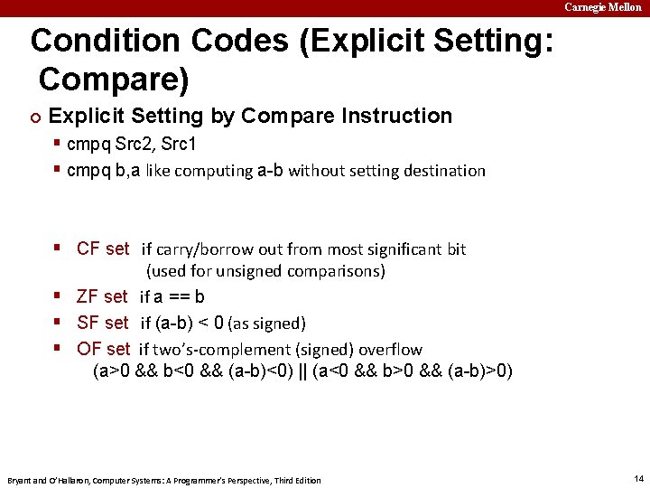 Carnegie Mellon Condition Codes (Explicit Setting: Compare) ¢ Explicit Setting by Compare Instruction §