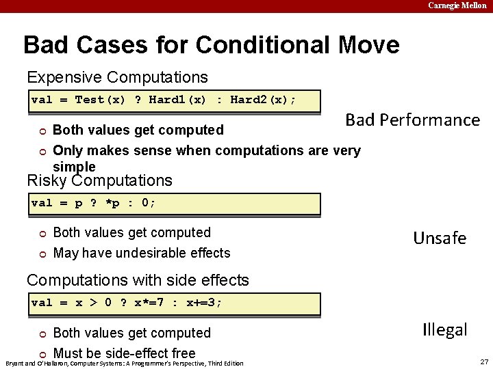 Carnegie Mellon Bad Cases for Conditional Move Expensive Computations val = Test(x) ? Hard