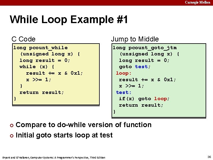 Carnegie Mellon While Loop Example #1 C Code long pcount_while (unsigned long x) {