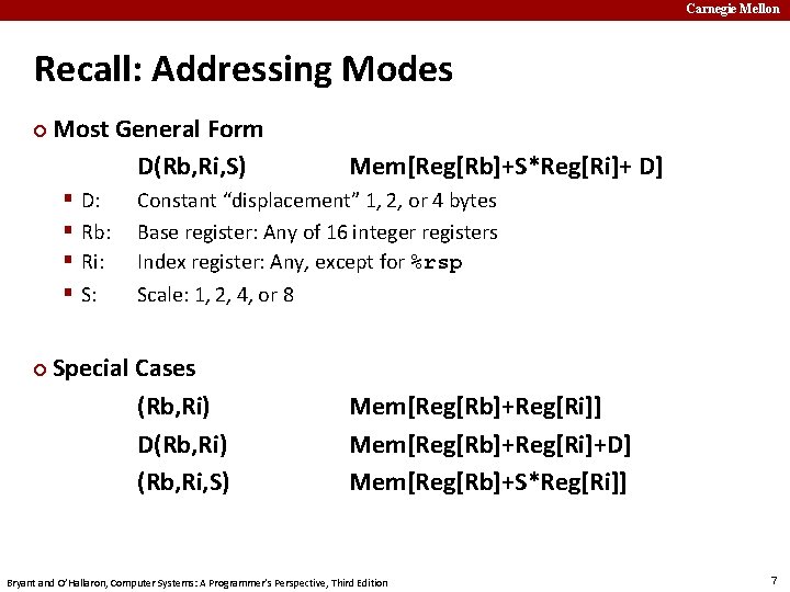 Carnegie Mellon Recall: Addressing Modes ¢ Most General Form D(Rb, Ri, S) § §