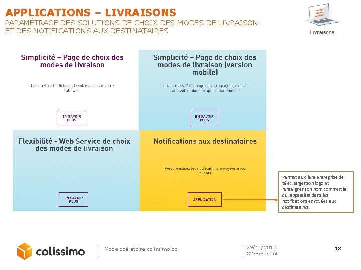 APPLICATIONS – LIVRAISONS PARAMÉTRAGE DES SOLUTIONS DE CHOIX DES MODES DE LIVRAISON ET DES