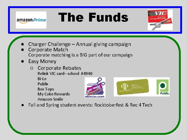 The Funds ● Charger Challenge – Annual giving campaign ● Corporate Match Corporate matching