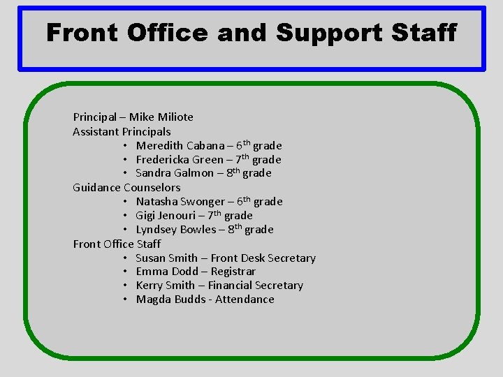 Front Office and Support Staff Principal – Mike Miliote Assistant Principals • Meredith Cabana
