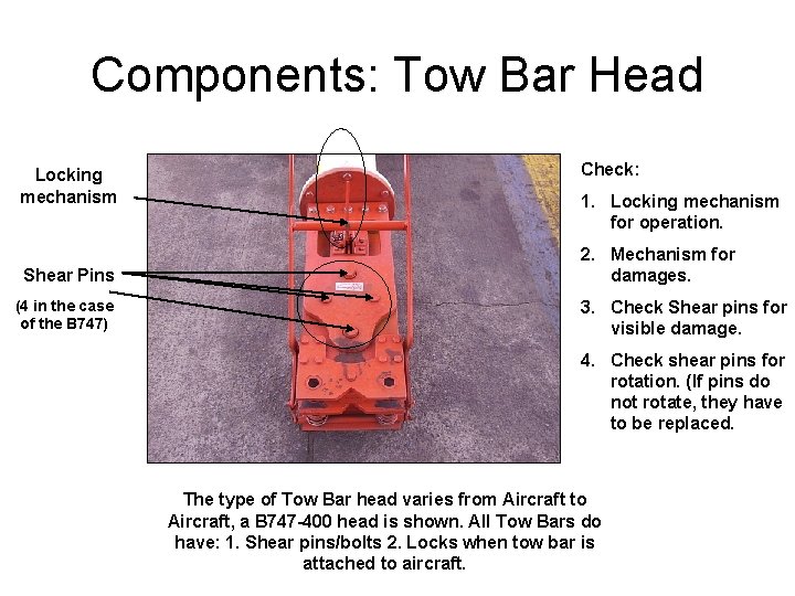 Components: Tow Bar Head Locking mechanism Shear Pins (4 in the case of the