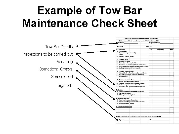 Example of Tow Bar Maintenance Check Sheet Tow Bar Details Inspections to be carried
