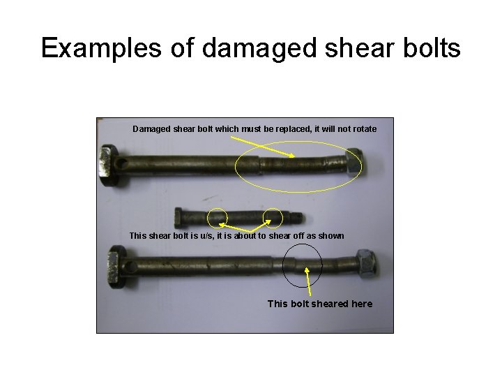 Examples of damaged shear bolts Damaged shear bolt which must be replaced, it will