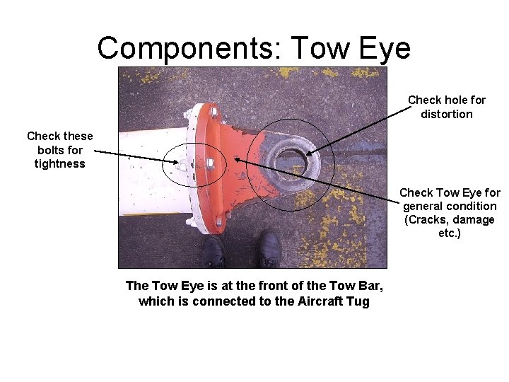 Components: Tow Eye Check hole for distortion Check these bolts for tightness Check Tow
