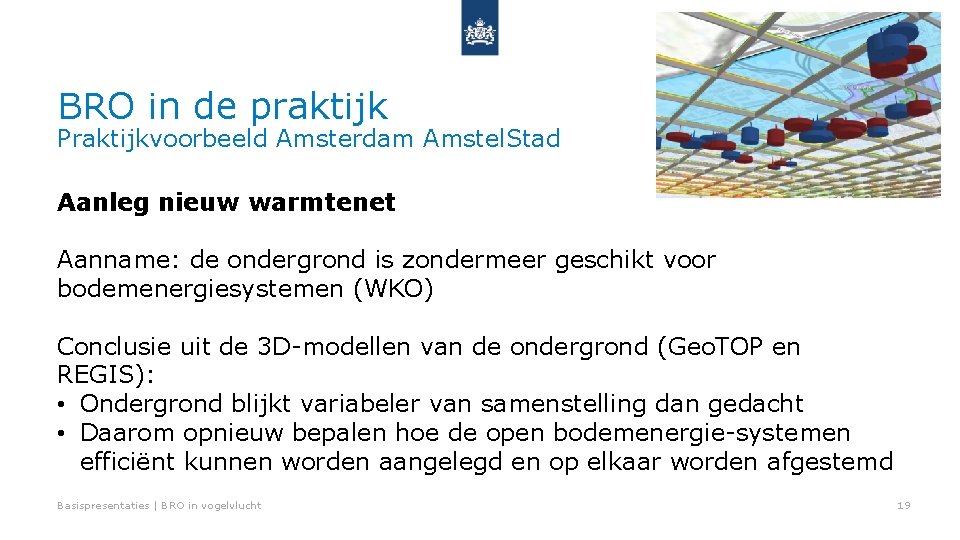 BRO in de praktijk Praktijkvoorbeeld Amsterdam Amstel. Stad Aanleg nieuw warmtenet Aanname: de ondergrond