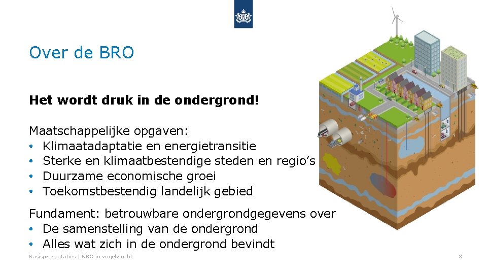 Over de BRO Het wordt druk in de ondergrond! Maatschappelijke opgaven: • Klimaatadaptatie en