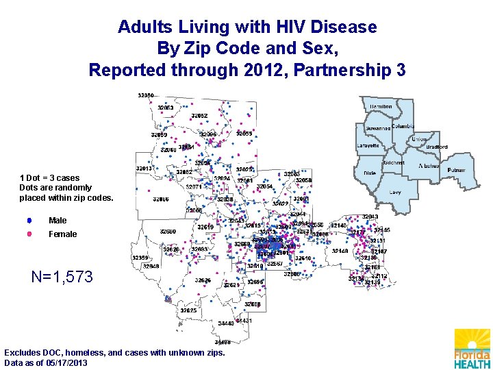 Adults Living with HIV Disease By Zip Code and Sex, Reported through 2012, Partnership