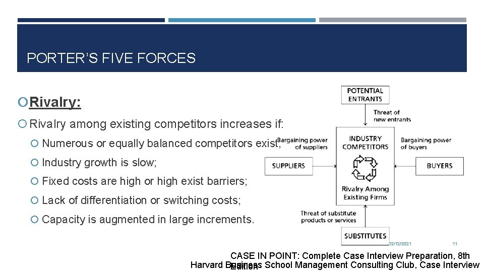 PORTER’S FIVE FORCES Rivalry: Rivalry among existing competitors increases if: Numerous or equally balanced