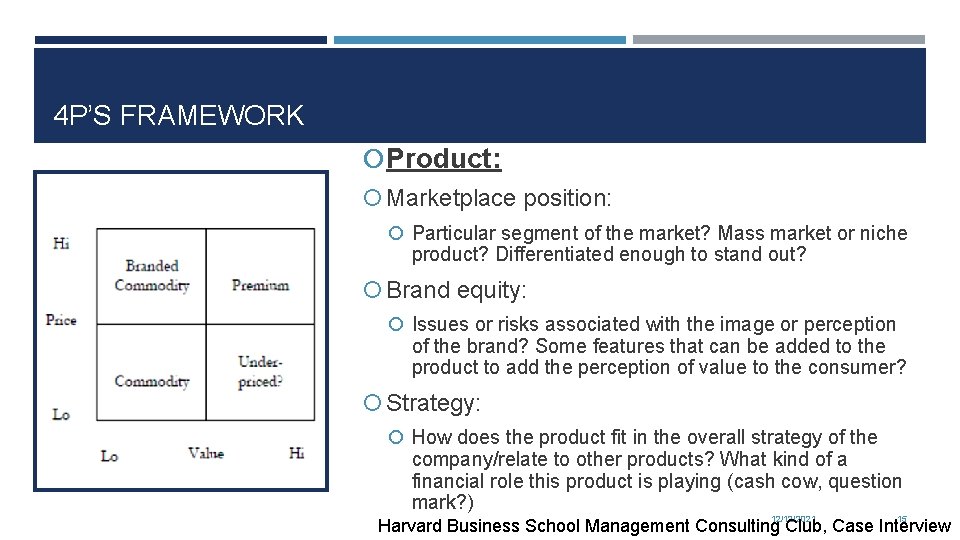 4 P’S FRAMEWORK Product: Marketplace position: Particular segment of the market? Mass market or