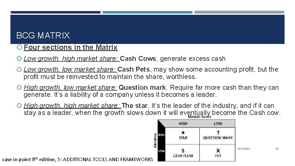 BCG MATRIX Four sections in the Matrix Low growth, high market share: Cash Cows,