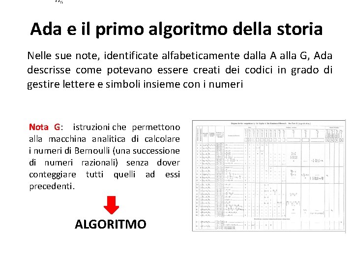 Ada e il primo algoritmo della storia Nelle sue note, identificate alfabeticamente dalla A