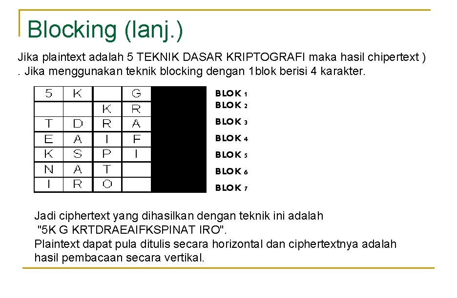 Blocking (lanj. ) Jika plaintext adalah 5 TEKNIK DASAR KRIPTOGRAFI maka hasil chipertext ).