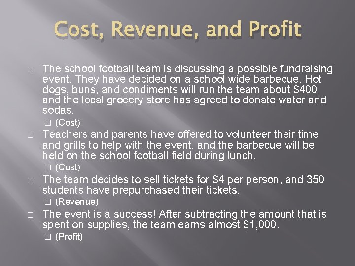 Cost, Revenue, and Profit � The school football team is discussing a possible fundraising