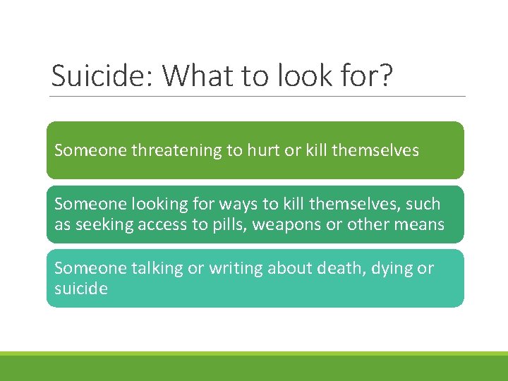 Suicide: What to look for? Someone threatening to hurt or kill themselves Someone looking