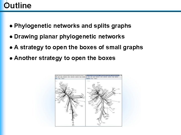 Outline Phylogenetic networks and splits graphs Drawing planar phylogenetic networks A strategy to open Outline Phylogenetic networks and splits graphs Drawing planar phylogenetic networks A strategy to open