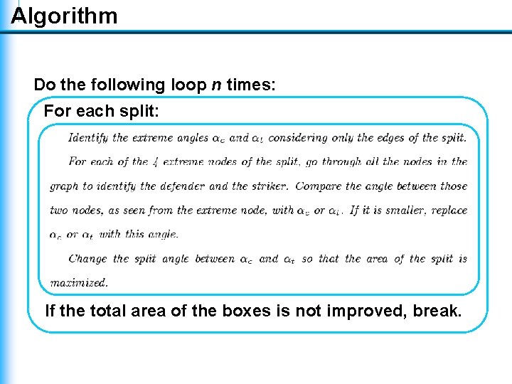 Algorithm Do the following loop n times: For each split: If the total area Algorithm Do the following loop n times: For each split: If the total area