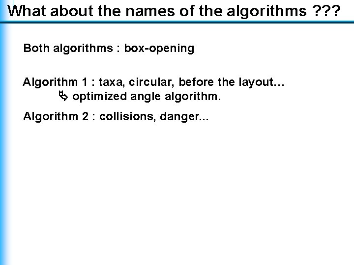 What about the names of the algorithms ? ? ? Both algorithms : box-opening What about the names of the algorithms ? ? ? Both algorithms : box-opening