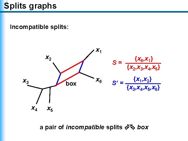Splits graphs Incompatible splits: x 1 x 2 x 3 {x 6, x 1} Splits graphs Incompatible splits: x 1 x 2 x 3 {x 6, x 1}