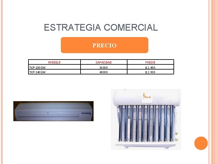 ESTRATEGIA COMERCIAL PRECIO MODELO CAPACIDAD PRECIO TKF-100 GW 36000 $ 2. 400 TKF-140 GW