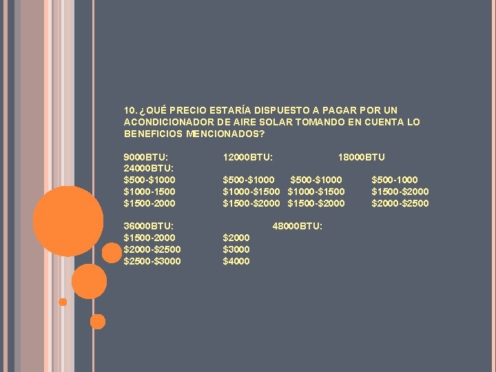 10. ¿QUÉ PRECIO ESTARÍA DISPUESTO A PAGAR POR UN ACONDICIONADOR DE AIRE SOLAR TOMANDO