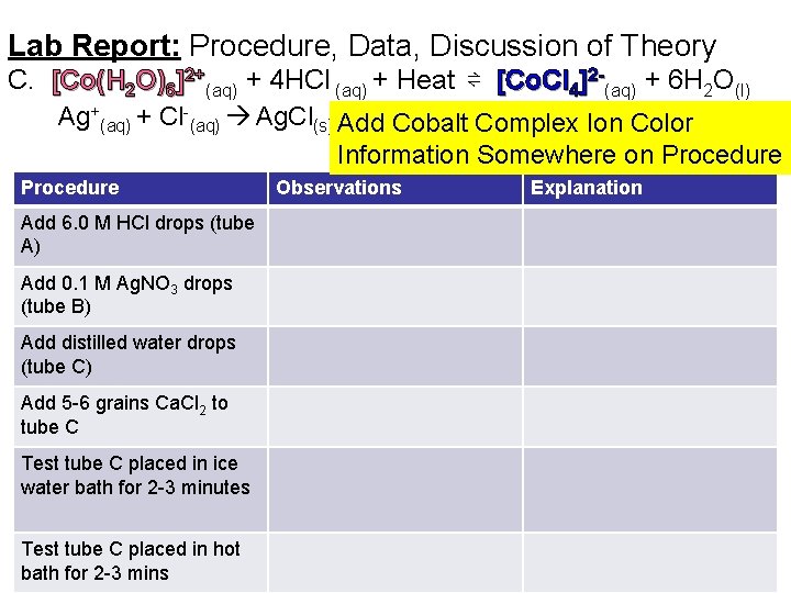 Lab Report: Procedure, Data, Discussion of Theory C. [Co(H 2 O)6]2+(aq) + 4 HCl